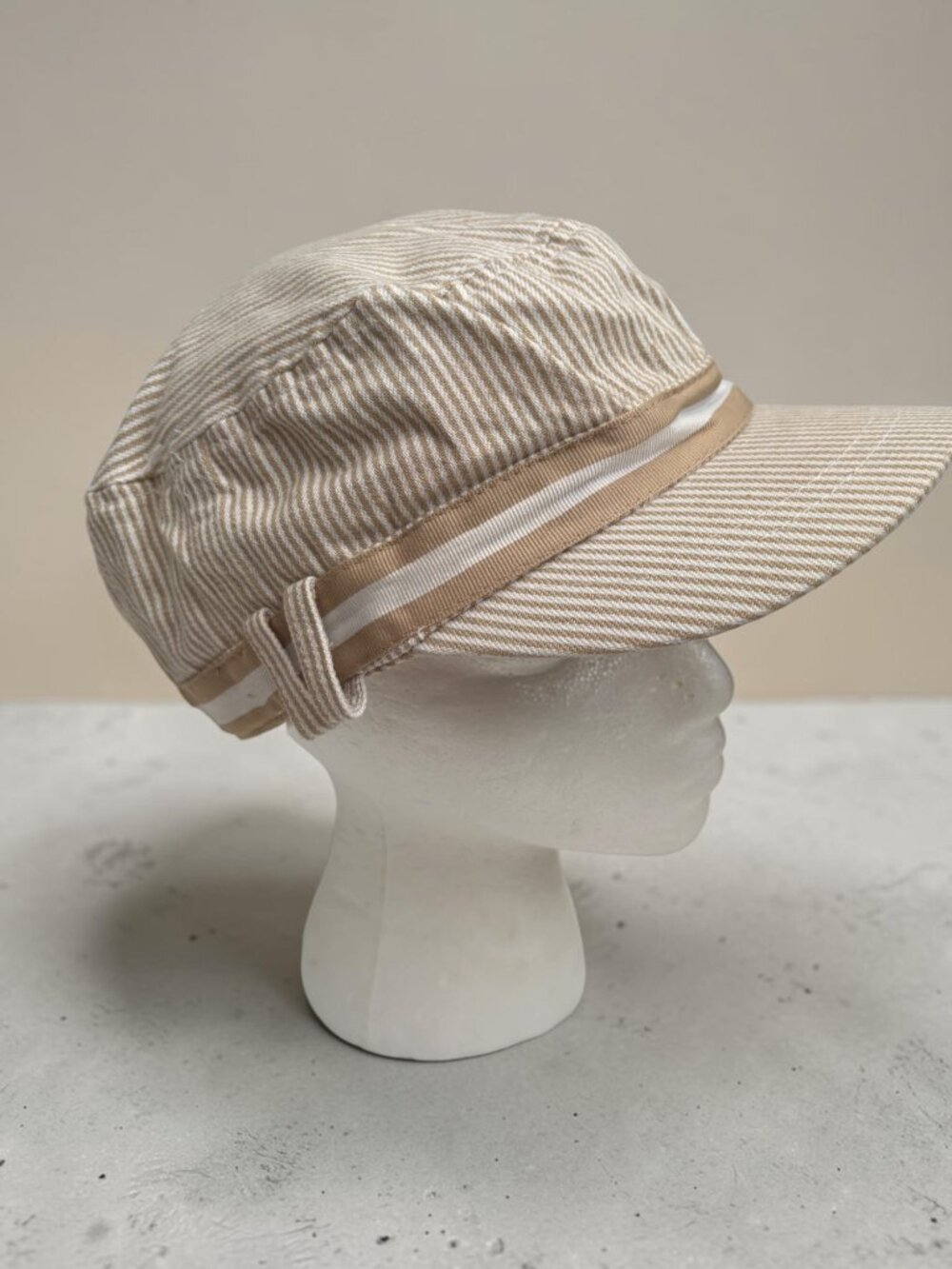 Striped Beige Cotton Blend Cap With  Band & White Ribbon Trim OSFM